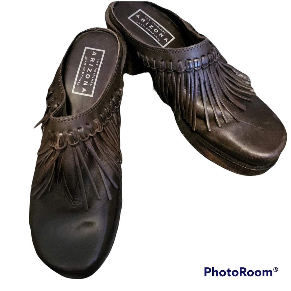 LEATHER & WOODEN BOHO CHUNKY RETRO CLOGS SZ 8M